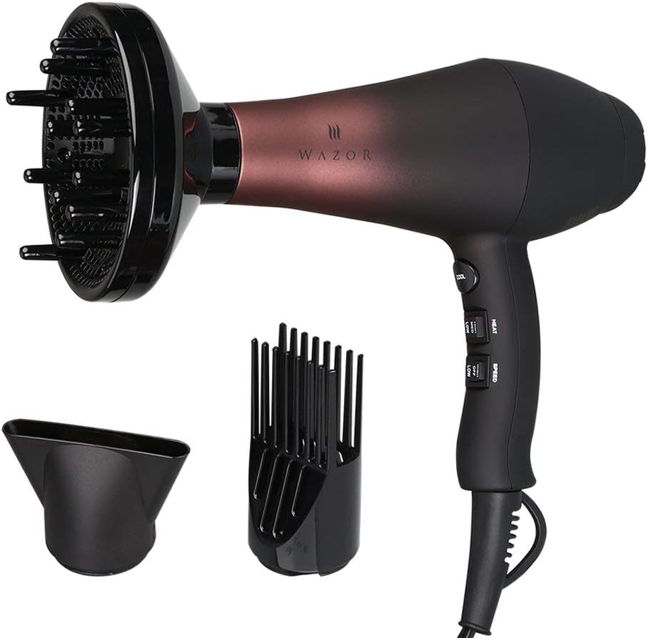 Wazor Professional Ionic Hair Dryer with Diffuser, Infrared Salon Grade Blow Dryer with Comb Attachment, 1875W Powerful Quiet Hair Blow Dryer, Tourmaline Ceramic Hairdryer with Nozzle, Black Wazor Professional Ionic Hair Dryer with Diffuser, Infrared Salon Grade Blow Dryer with Comb Attachment, 1875W Powerful Quiet Hair Blow Dryer, Tourmaline Ceramic Hairdryer with Nozzle, Black