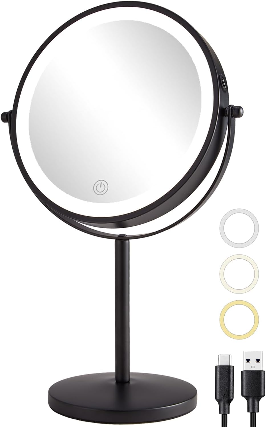 ALHAKIN Rechargeable Makeup Mirror with Lights, 8 inch 10x Magnifying Mirror with 3 Color Lights, Brightness Dimmable Lighted Makeup Mirror for Desk, Black ALHAKIN Rechargeable Makeup Mirror with Lights, 8 inch 10x Magnifying Mirror with 3 Color Lights, Brightness Dimmable Lighted Makeup Mirror for Desk, Black