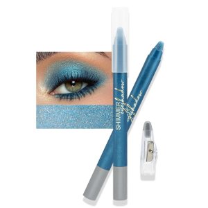 Colored Semi-Pearlescent Cream-to-Powder Eye Shadow Stick with Sharpener for for Eye Makeup,Blue Shimmer Matte Highlight Eyelid Shadow Liner Pen sombras en crema para ojos(08#)