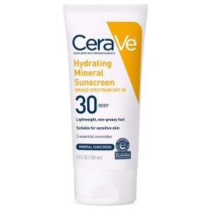 CeraVe 100% Mineral Sunscreen SPF 30 | Body Sunscreen with Zinc Oxide & Titanium Dioxide | Hyaluronic Acid & Ceramides | Oil Free | Non-Greasy | Hydrating Mineral Sunscreen For Body | 5 oz