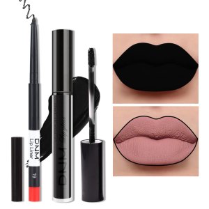 2Pcs Matte Dark Black Lip Liner and Lipstick Makeup Set, Matte Liquid Lipstick 24H and with Lip Liner Set Waterproof Long Lasting labiales mate 24 horas originales matte larga duracion 24#19