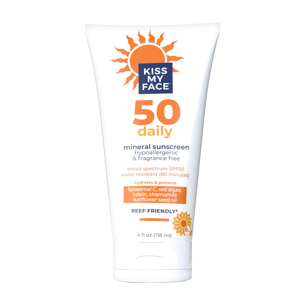 Kiss My Face Daily Sunscreen Lotion SPF 50-Water-Resistant Sunscreen Mineral Lotion-Reef-Friendly & Cruelty-Free -Hypoallergenic And Fragrance-Free With Sunflower Seed Oil and Chamomile – 4 fl oz Tube Kiss My Face Daily Sunscreen Lotion SPF 50-Water-Resistant Sunscreen Mineral Lotion-Reef-Friendly & Cruelty-Free -Hypoallergenic And Fragrance-Free With Sunflower Seed Oil and Chamomile – 4 fl oz Tube