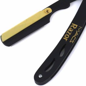 BLACK & GOLD COMBINATION Stainless Steel Barber Straight Edge Razor with Hi-Chromium Derby 100 Count Blades – Made of Platinum Stainless Steel – with Easy Blades Replacement Mechanism – Macs-045B1