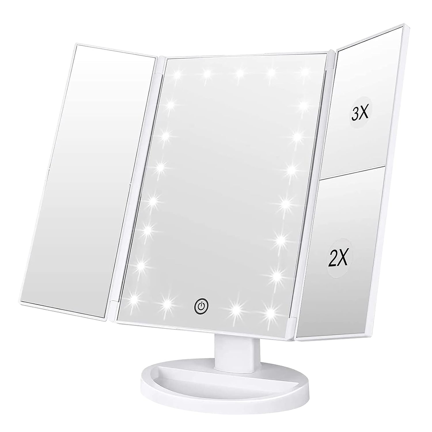 WEILY Tabletop Mount Makeup Mirror with 21 LED Lights,Two Power Supply, Touch Screen and 1x/2x/3x Magnification Tri-Fold Vanity Mirror, Gift for Women(White) WEILY Tabletop Mount Makeup Mirror with 21 LED Lights,Two Power Supply, Touch Screen and 1x/2x/3x Magnification Tri-Fold Vanity Mirror, Gift for Women(White)