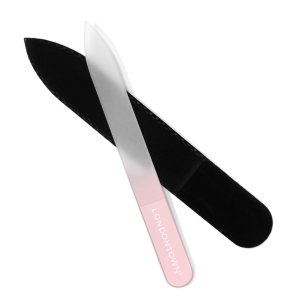 LONDONTOWN Double-Sided Glass Nail File & Care Tool, Professional Grit Etched Crystal Manicure Accessory with Case Pouch