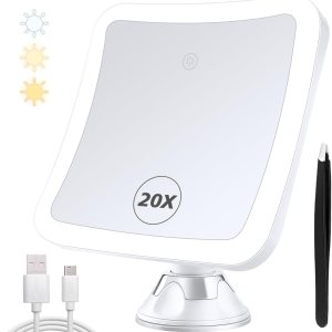 20X Magnifying Mirror with Light, Lighted Makeup Mirror with Magnification,360 Rotation Vanity Mirror, Magnifying Mirror Suction Cup, Rechargeable and 3 Color Lights