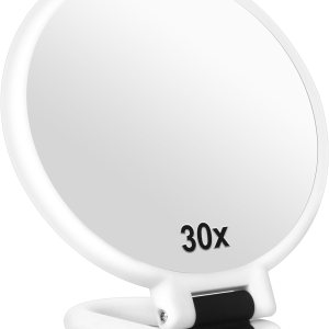 30x Magnifying Mirror, Travel Hand Mirrors with Handle – Double Side Handheld Mirror with 1X 30X Magnification & Adjustable Handle, Hand Held Foldable Travel Mirror for Makeup(Pearl White)