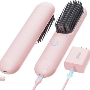 TYMO Cordless Hair Straightener Brush – Porta PRO Portable Straightening Brush for Travel, Mini Ionic Hot Comb Straightener for Women, Lightweight on-The-go, Cordless and Fast Charger Dual Power