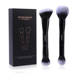2Pcs Duo End Foundation Powder Blush Buffer and Contour Highlight Brushes, Double-ended Multi-functional Synthetic Cosmetic Tools Makeup Brushes(Black)