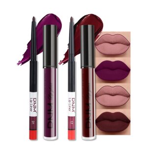 4pcs Matte Lip Liner and Lipstick Makeup Set, Dark Red and Dark Purple Lip Stain and Lip Liner Long Lasting Waterproof Set Lipstick&Lip liner Make Up Lipstick Matte with Lip liner kit (Set01)