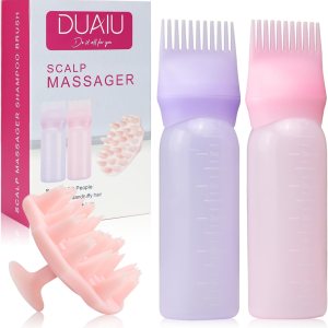 DUAIU Scalp Massage Brush with 2Pcs Root Comb Applicator Bottle, Silicone Massager Hair Oil Applicator Bottles Set for Scalp, Shampoo Scrubber Applicator for Hair Dye and Hair Care Tools