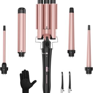Curling Wand Set, Curling Iron Interchangeable 3 Barrel Curler with Ceramic Tourmaline Professional 5 in 1 Wand Curling Iron,for Women with Curler and Waver