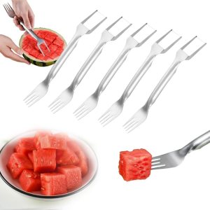 2-in-1 Stainless Steel Fruit Cutter, 2024 New Watermelon Fork Slicer Cutter Slicer Tool, Dual Head Fruit Forks Slicer Knife for Home Parties Camping (5Pcs)