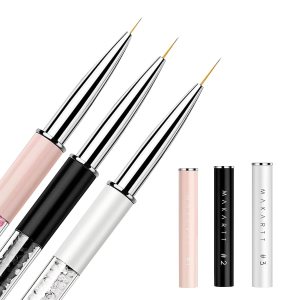 Makartt Nail Art Brushes, 7/9/11mm Thin Liner Brush Set with Shiny Diamond Handle & Caps, 3Pcs Gel Nail Painting Brush Nail Drawing Brushes for Nail Painting 3d Gel Nail Art French Tips Home DIY Use