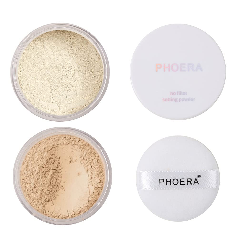 2 Pcs PHOERA Setting Powder, Control Oil Brighten Skin Color Cover Blemish Face Setting Loose Powder。 (01# Translucent & 02# Cool Beige) 2 Pcs PHOERA Setting Powder, Control Oil Brighten Skin Color Cover Blemish Face Setting Loose Powder。 (01# Translucent & 02# Cool Beige)