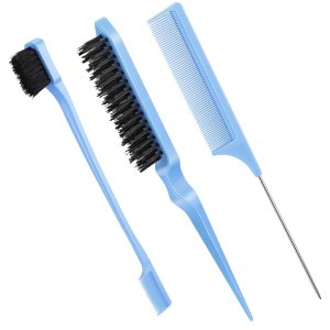 Geiserailie 3 Pcs Slick Back Hair Brush Set Bristle Hair Brush Edge Control Brush Teasing Comb for Women Baby Kids’ Black Hair (Blue)