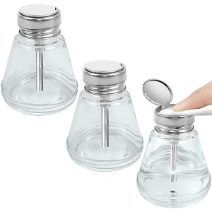 3 Pcs 6 Oz/ 180 ml Clear Pump Dispenser Bottle,Round Glass Nail Polish Remover Push Down Dispenser Bottle with Metal Flip Cover,Hand Pumping Press Container for Makeup Remover