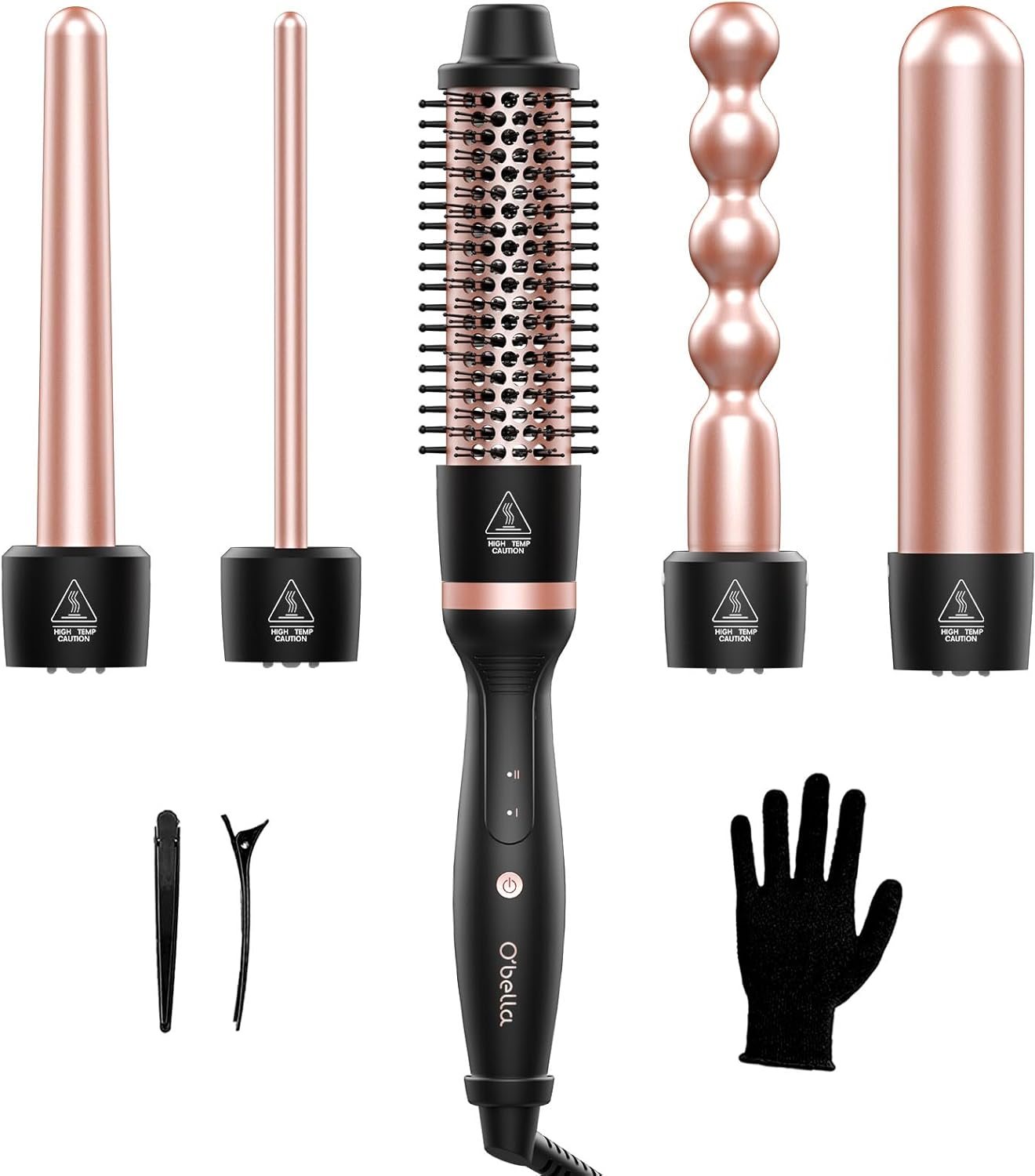 Curling Iron Set, O’bella 5 in 1 Curling Wand Interchangeable Ceramic Barrels(0.35”-1.25”) and Curling Brush, 2 Temps Instantly Heated, Dual Voltage Hair Curlers, Glove & 2 Clips Hair Crimper Tool Curling Iron Set, O’bella 5 in 1 Curling Wand Interchangeable Ceramic Barrels(0.35”-1.25”) and Curling Brush, 2 Temps Instantly Heated, Dual Voltage Hair Curlers, Glove & 2 Clips Hair Crimper Tool