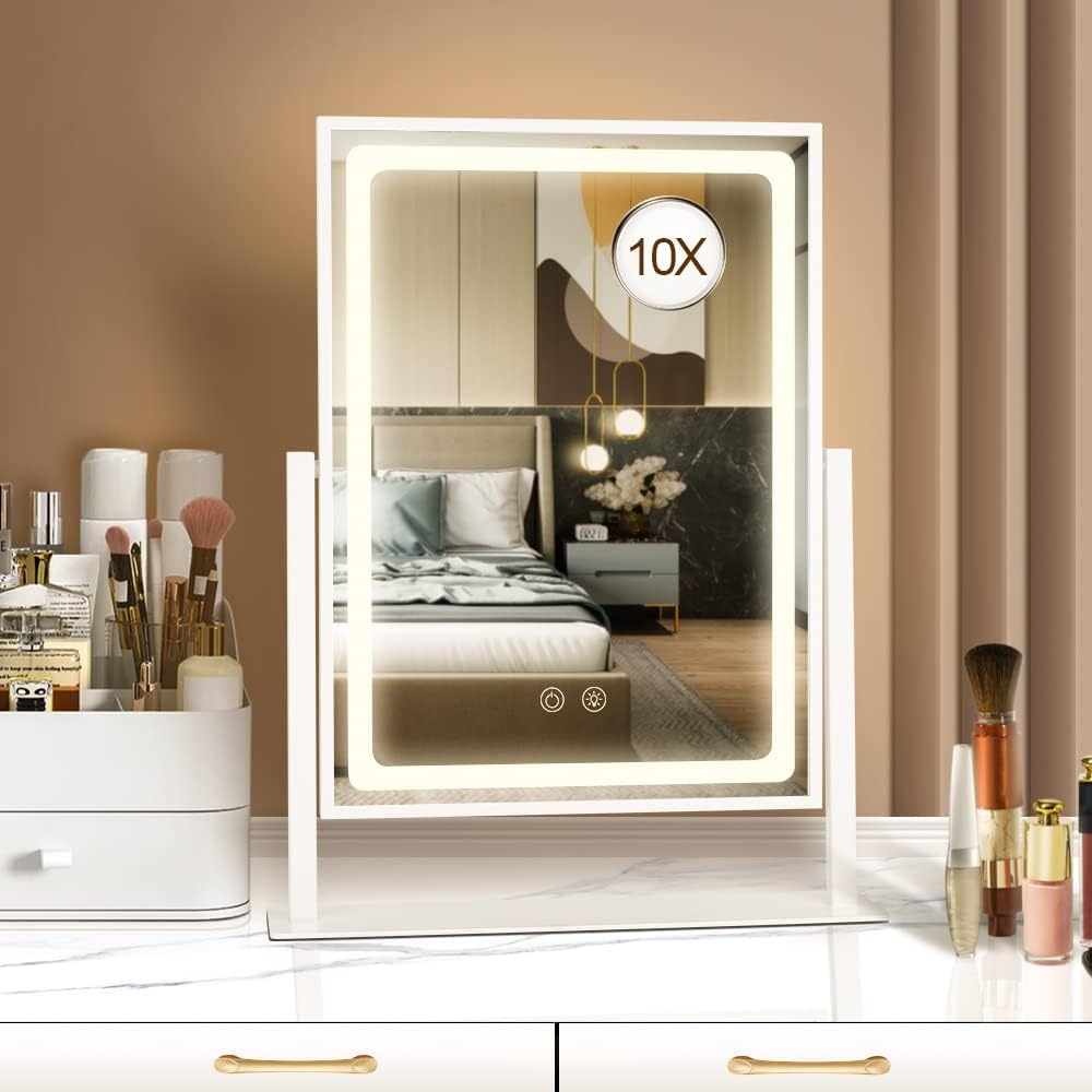 Lighted Makeup Mirror, Hollywood Vanity Mirror with Lights, Touch Control 3 Color Lighting Modes for Bedroom, Detachable 10X Magnification Mirror, 360°Rotation (16 in, White) Lighted Makeup Mirror, Hollywood Vanity Mirror with Lights, Touch Control 3 Color Lighting Modes for Bedroom, Detachable 10X Magnification Mirror, 360°Rotation (16 in, White)