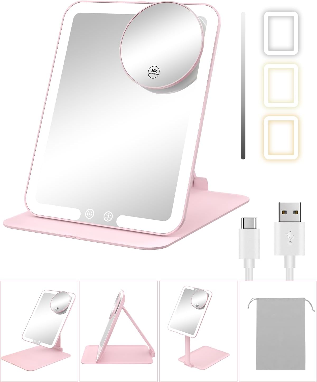 Gospire Travel Makeup Mirror with Lights and Magnification 10X, Portable Make Up Compact Tabletop Mirror with Adjustable Stand, 3 Colored Lights Rechargeable Lighted LED Vanity Mirror – Pink Gospire Travel Makeup Mirror with Lights and Magnification 10X, Portable Make Up Compact Tabletop Mirror with Adjustable Stand, 3 Colored Lights Rechargeable Lighted LED Vanity Mirror – Pink
