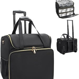 Rolling Makeup Train Case,Professional Cosmetics Beauty Hairdresser Bag with Shoulder Strap,Hair Makeup Salon Organizer Trolley Suitcase for Barber Insulation Material with Adjustable Divider
