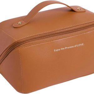 Portable Makeup Bag,Opens Flat Beauty bag for Cosmetics Toiletry Pencils Waterproof PU Leather Travel Cosmetic Organizer Beauty Case with Toiletry Storage Pouch Elegant Design(Brown)