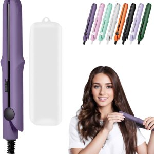 Upgraded 2-in-1 Mini Curling Wand Flat Iron Hair Straightener,Mini Dual Purpose Curling Flat Iron, Long-Lasting Portable Travel Curling Wand for Women Girls Short Hair, All Hair Types (Dark Purple)