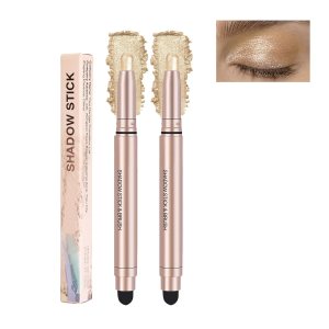2PCS Eye Brightener Stick,Light Gold Eyeshadow Stick Cream Eye Shadow Sticks with Soft Smudger Long Lasting Waterproof Eye Shadow Pencils Eye Shadow Makeup (02 Champagne Gold)