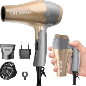 Travel Hair Dryer Blow Dryer with Diffuser, Portable Small Dual Voltage Compact Hairdryer, EU Plug, 1875W Powerful Fast Dry, Folding Handle, Diffuser Hair Dryer Rose Gold