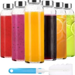 Clear Glass Bottles with Lids 18 oz, Reusable Glass Water Bottles with Stainless Steel Cap for Juicing,Refrigerator,100% Leak Proof, BPA Free Eco Friendly,Set of 6