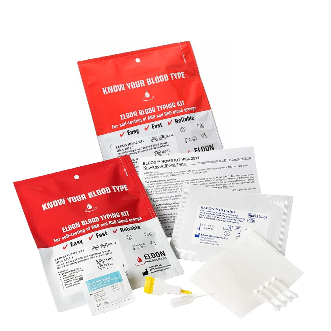 Eldoncard Blood Typing Kit, 2 Tests, Know Your Blood Type, Instant Home Testing Kit, A, O, B, Rhs-D Negative and Positive Blood Types Tested For Eldoncard Blood Typing Kit, 2 Tests, Know Your Blood Type, Instant Home Testing Kit, A, O, B, Rhs-D Negative and Positive Blood Types Tested For