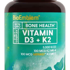 BioEmblem Vitamin D3 K2 Capsules (5000IU and 200mcg) – Patented MK7 and MK4 for 3-in-1 Complex Support – Vegetarian Vitamin D K2 Supplement for Teeth, Heart, Immune System – Non-GMO, 90 Caps