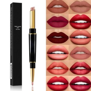 2-in-1 Waterproof Lipstick Lip Liner, 12 Colors Lip Liner and Lipstick Combo, Long-lasting 24 Hour Lipgloss Matte Lipstick and Lip Pencil Liners Makeup Gift Set for Girls Women (#03)