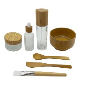 Face Mask Mixing Bowl Set Bamboo,7 Pcs DIY Facemask Mixing Tool Kit with Facial Mask Bowl,Spatula,Spoon,Brush,Empty Refilable Lotion Pump Bottle,Cream Jar and Dropper Bottle for Skincare