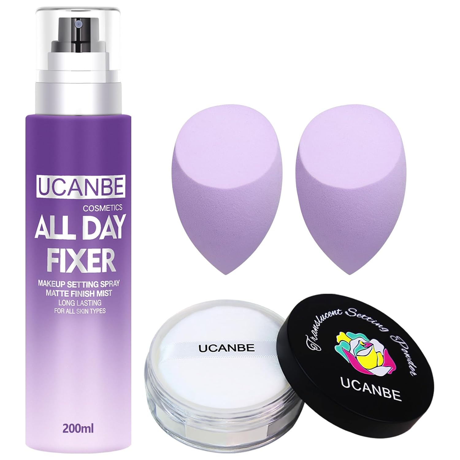 UCANBEMAKUP Long Lasting Makeup Setting Spray Kit- 6.76 Fl oz Hydrating Matte Finish Mist Lightweight Face Make up Fixer +Translucent Loose Setting Powder+2PC Sponge Puff Set UCANBEMAKUP Long Lasting Makeup Setting Spray Kit- 6.76 Fl oz Hydrating Matte Finish Mist Lightweight Face Make up Fixer +Translucent Loose Setting Powder+2PC Sponge Puff Set