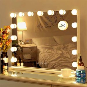 22.8″x 18.1″ Vanity Mirror Makeup Mirror with Lights,10X Large Hollywood Lighted Vanity Mirror with 15 Dimmable LED Bulbs,3 Color Modes,Touch Control for Bedroom,Tabletop or Wall-Mounted