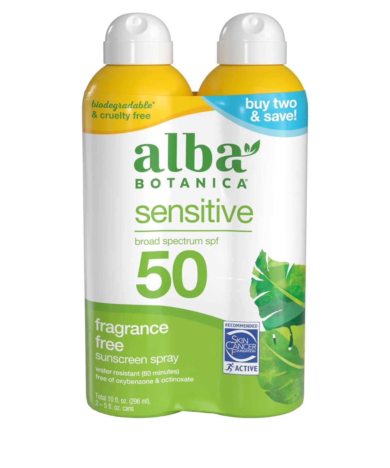 Alba Botanica Sensitive Sunscreen Spray for Face and Body, Fragrance-Free, Broad Spectrum SPF 50, Water Resistant, 5 fl oz Bottle (Pack of 2) Alba Botanica Sensitive Sunscreen Spray for Face and Body, Fragrance-Free, Broad Spectrum SPF 50, Water Resistant, 5 fl oz Bottle (Pack of 2)
