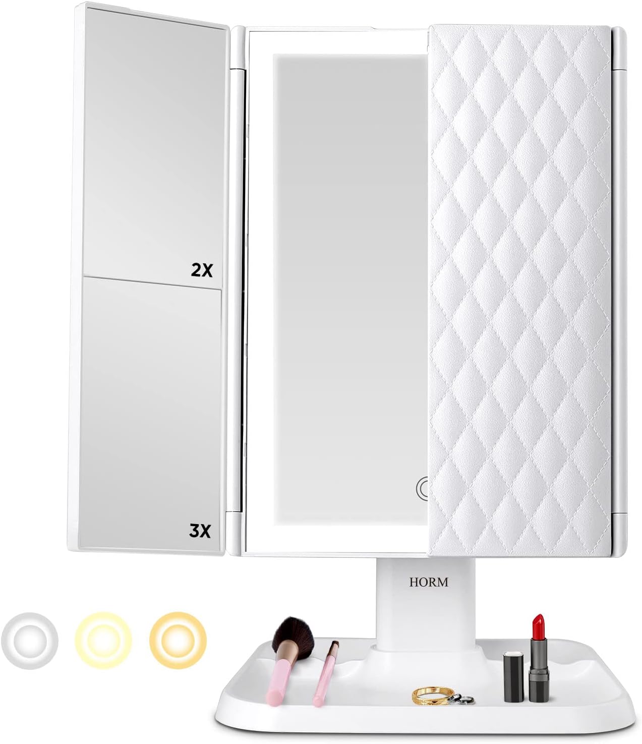 Makeup Mirror Vanity with Lights – 3 Color Lighting Modes 72 LED Trifold Mirror, 1x/2x/3x Magnification, Touch Control Design, Portable High Definition Cosmetic Lighted Up White (JING-007) Makeup Mirror Vanity with Lights – 3 Color Lighting Modes 72 LED Trifold Mirror, 1x/2x/3x Magnification, Touch Control Design, Portable High Definition Cosmetic Lighted Up White (JING-007)
