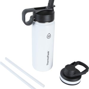 ThermoFlask 18 oz Double Wall Vacuum Insulated Stainless Steel Water Bottle with Spout and Straw Lids, White
