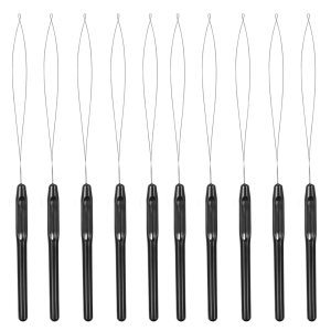10 Pcs Hair Extension Loop Needle Threader, Wire Pulling Hook Tool and Bead Device Micro Links Kit for Hair and Feather Extensions