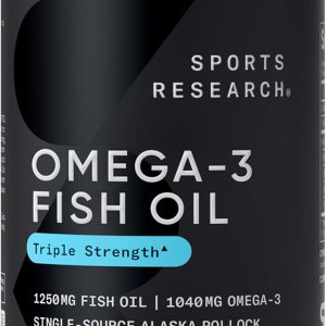 Sports Research Triple Strength Omega 3 Fish Oil – Burpless Fish Oil Supplement w/EPA & DHA Fatty Acids from Single-Source Wild Alaska Pollock – 1250 mg, 90 ct
