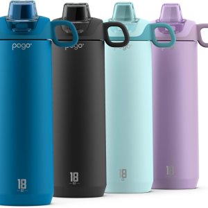 Pogo Active Vacuum Insulated Stainless Steel Water Bottle with Leak Proof Chug Lid and Silicone Carry Loop, Powdercoat, Poseidon, 18 oz