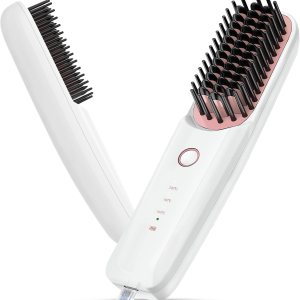 Cordless Hair Straightener Brush, Portable Straightening Brush for Travel, 6400 mAh USB-C Rechargeable, Mini Ionic Hot Comb Straightener for Women, Lightweight Anti-Scald Heated Styling Brush