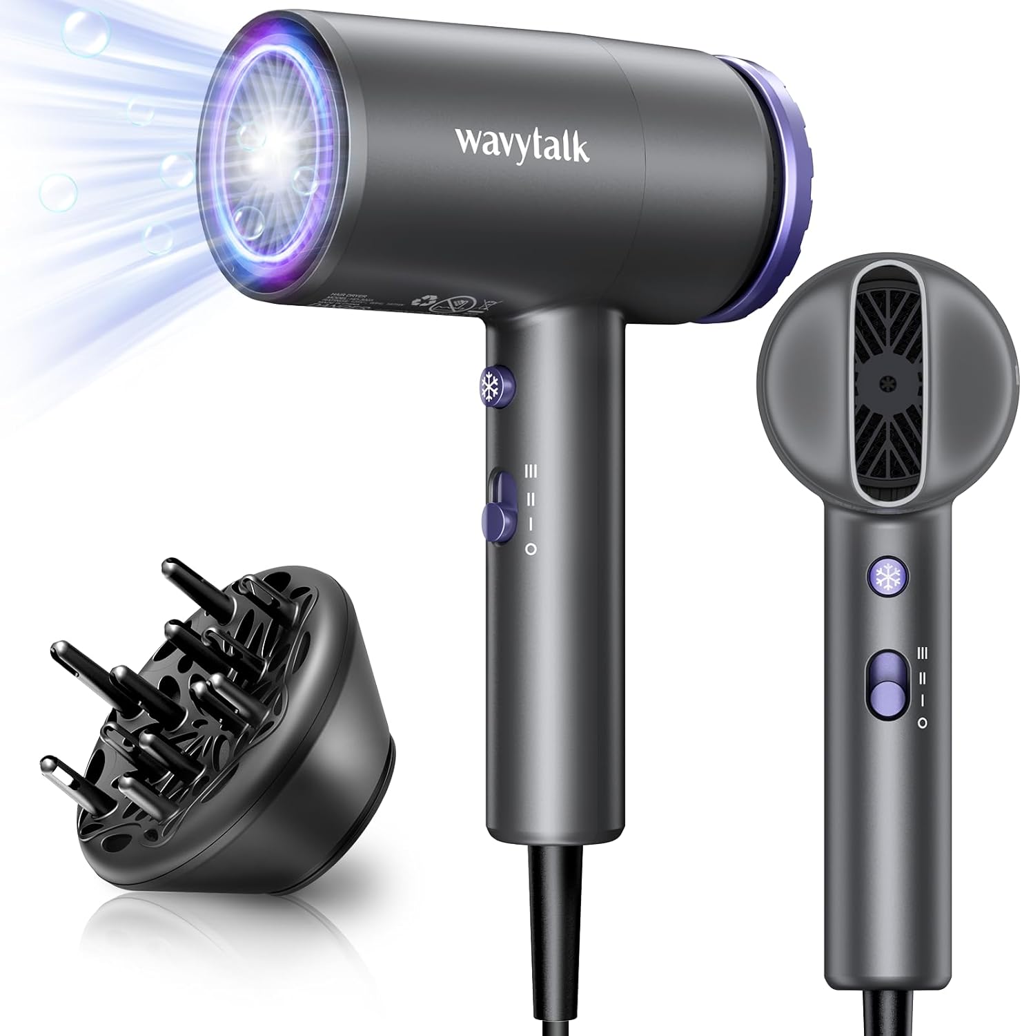Wavytalk Hair Dryer with Diffuser 1875W Ionic Blow Dryer for Fast Drying with Concentrator Lightweight, Purple. Wavytalk Hair Dryer with Diffuser 1875W Ionic Blow Dryer for Fast Drying with Concentrator Lightweight, Purple.