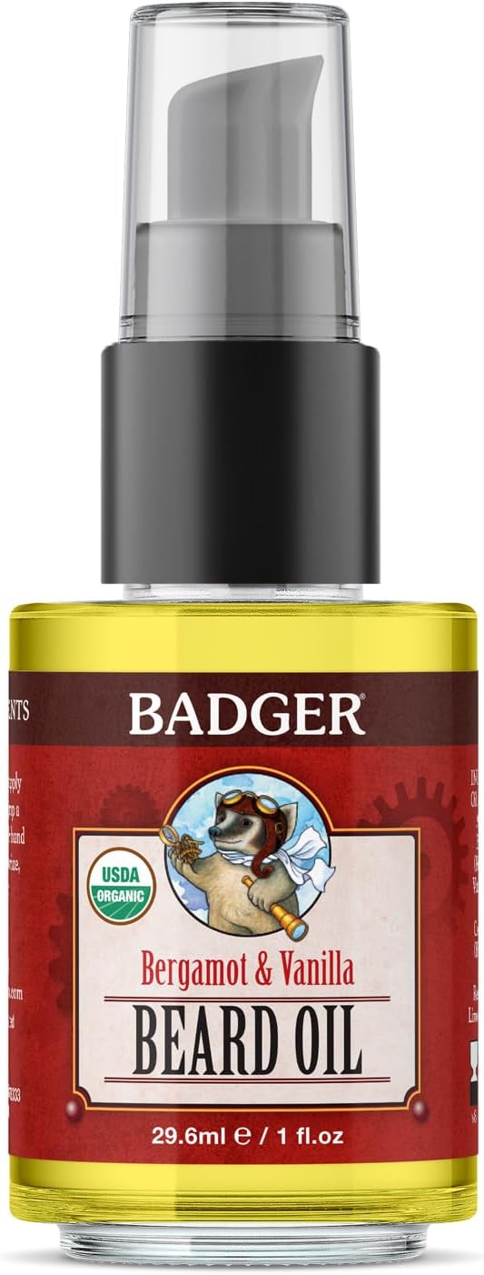 Badger Beard Oil, Bergamot & Vanilla, Certified Organic Beard Oil, Premium Grooming Beard Oil for Dry Skin and Short or Long Beards, Facial Hair Oil, 1 fl oz Glass Bottle Badger Beard Oil, Bergamot & Vanilla, Certified Organic Beard Oil, Premium Grooming Beard Oil for Dry Skin and Short or Long Beards, Facial Hair Oil, 1 fl oz Glass Bottle