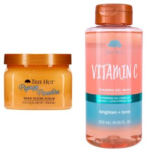 Tree Hut Papaya Paradise Shea Sugar Body Scrub, Vitamin C Foaming Gel Wash, Both 18 oz