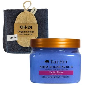 Tree Hut Shea Sugar Scrub Exotic Bloom18oz Refreshing and Exfoliating bundle with Ctrl-24 Organic Loofah & Microfiber Cloth