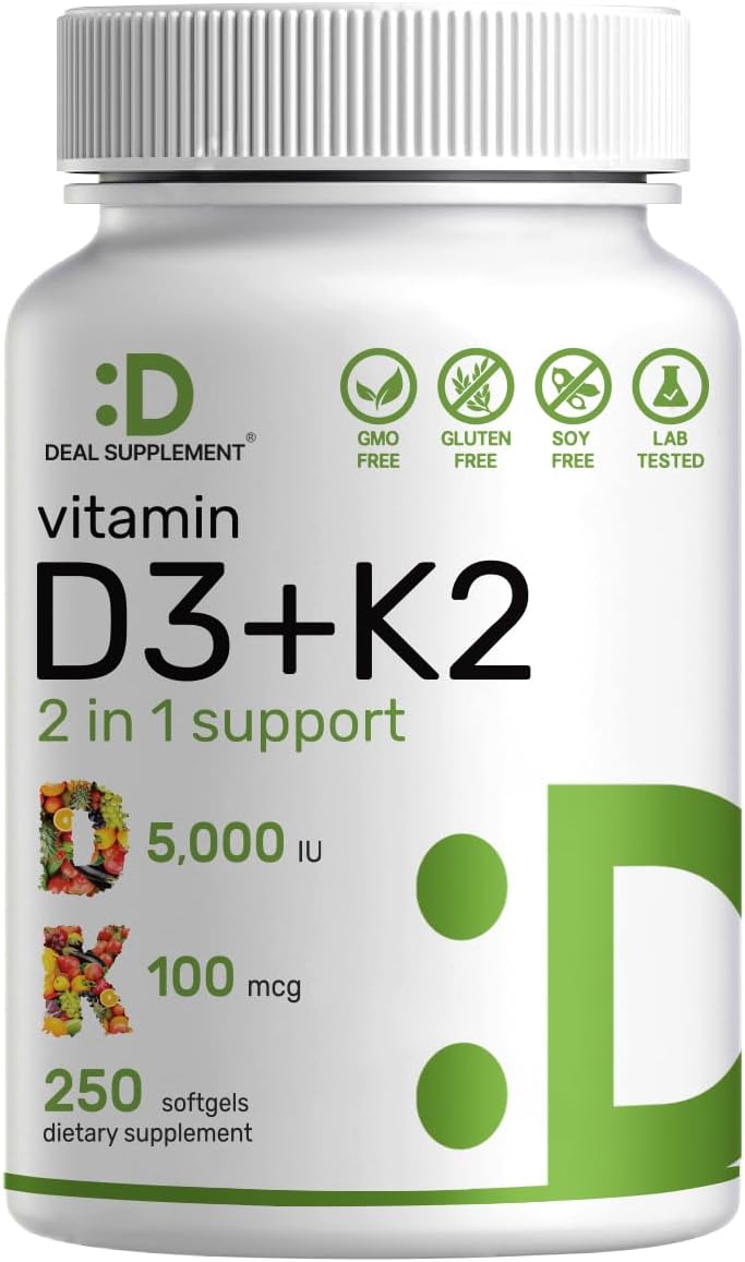 DEAL SUPPLEMENT Vitamin D3 K2 Softgel, 250* Count, 2-1 Complex, Vitamin D3 5000 IU & Vitamin K2 MK7, Promotes Heart, Bone & Teeth Health – Very Easy to Swallow DEAL SUPPLEMENT Vitamin D3 K2 Softgel, 250* Count, 2-1 Complex, Vitamin D3 5000 IU & Vitamin K2 MK7, Promotes Heart, Bone & Teeth Health – Very Easy to Swallow