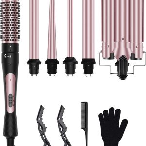 6 in 1 Curling Iron, 3 Barrel Curling Iron Set with Curling Brush (1.5inch) and 5 Interchangeable Ceramic Curling Wand(0.35″-1.25″), 2 Temp Heating Setting, Contain Comb & Protective Glove & 2 Clips