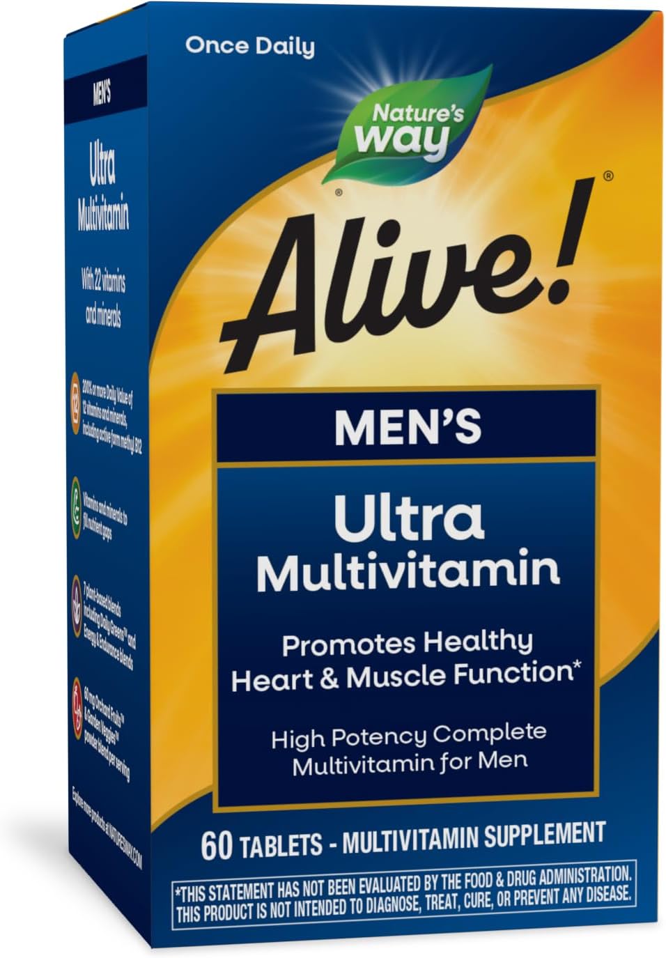 Nature’s Way Alive! Men’s Daily Ultra Multivitamin, High Potency Formula, Promotes Healthy Heart & Muscle Function*, with Methlyated B12, Gluten Free, 60 Tablets (Packaging May Vary) Nature’s Way Alive! Men’s Daily Ultra Multivitamin, High Potency Formula, Promotes Healthy Heart & Muscle Function*, with Methlyated B12, Gluten Free, 60 Tablets (Packaging May Vary)